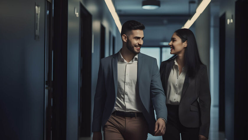 Man holding woman hands going success