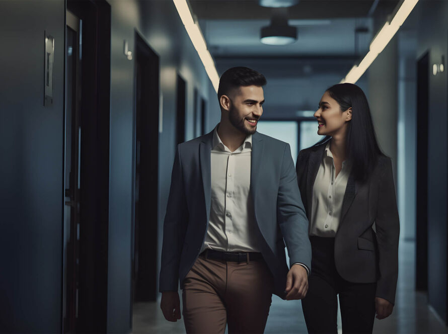Man holding woman hands going success